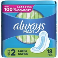 Always Maxi Pads W. Wings Size 2 Long- 18 CT.
