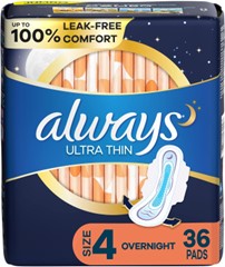 Always Ultra Thin Overnight Pads With Wings Size 4- 36 Ct.