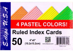 4 X 6 Pastel Ruled Index Cards 50 Ct