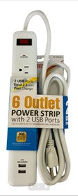 6 T Style Outlet Power Strip- 6 Ft. With 2 USB