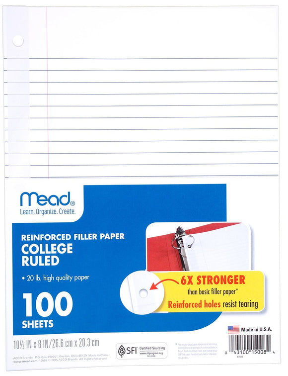 Reinforced Collage Ruled Filler Paper: 100 Ct.