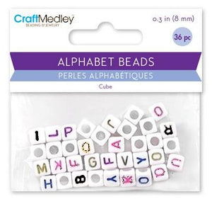 Beads Colored Alphabet- 8mm Wh. Cube- 36 Ct.